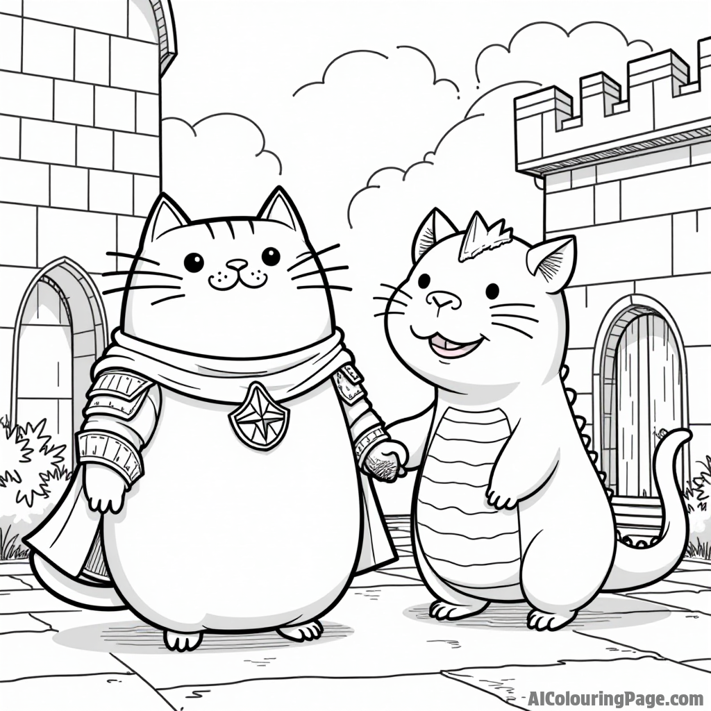 Pusheen as a knight in shining armor standing beside a friendly dragon in a castle courtyard ready for adventure