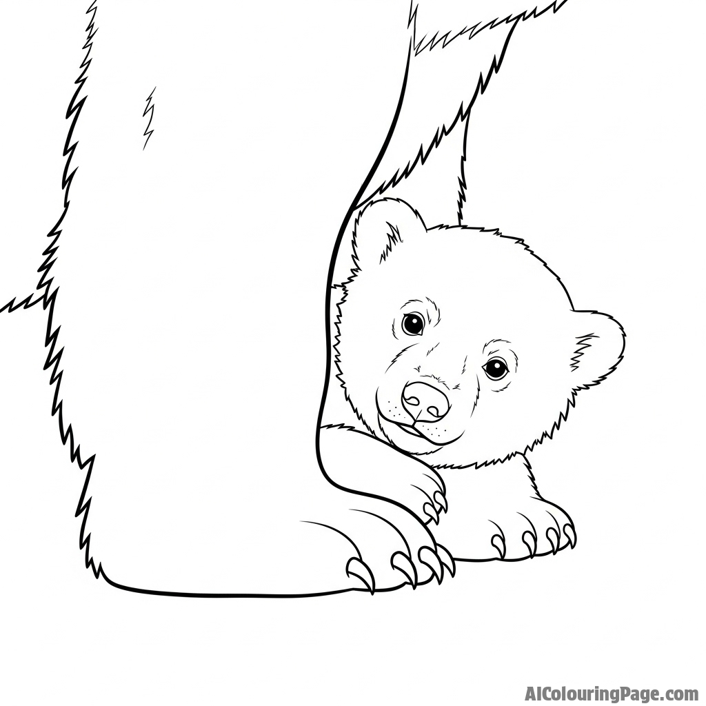 A polar bear cub peeking out from behind its mother's leg.