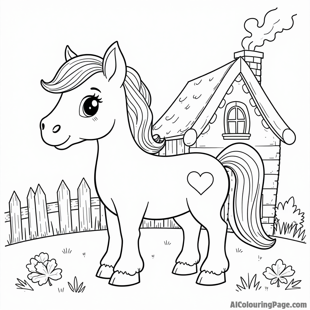 A pony with a heart-shaped mark on its side standing in front of a cozy cottage with smoke coming from the chimney.