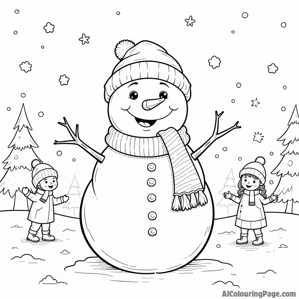 A cheerful snowman wearing a donut scarf, standing in a winter wonderland with falling snowflakes and children playing.