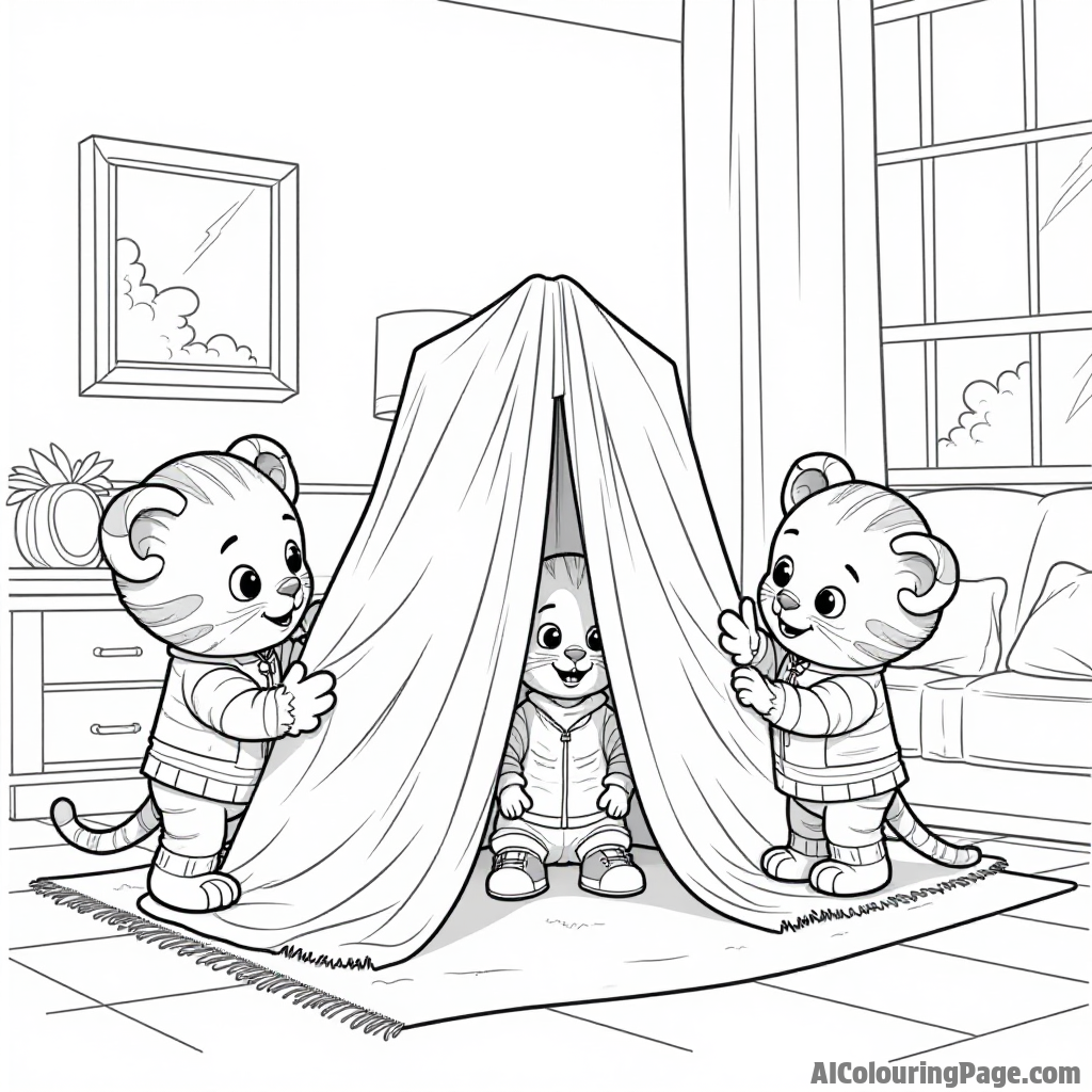 Daniel Tiger and his friends building a fort with blankets and pillows in a living room, creating a cozy hideaway.