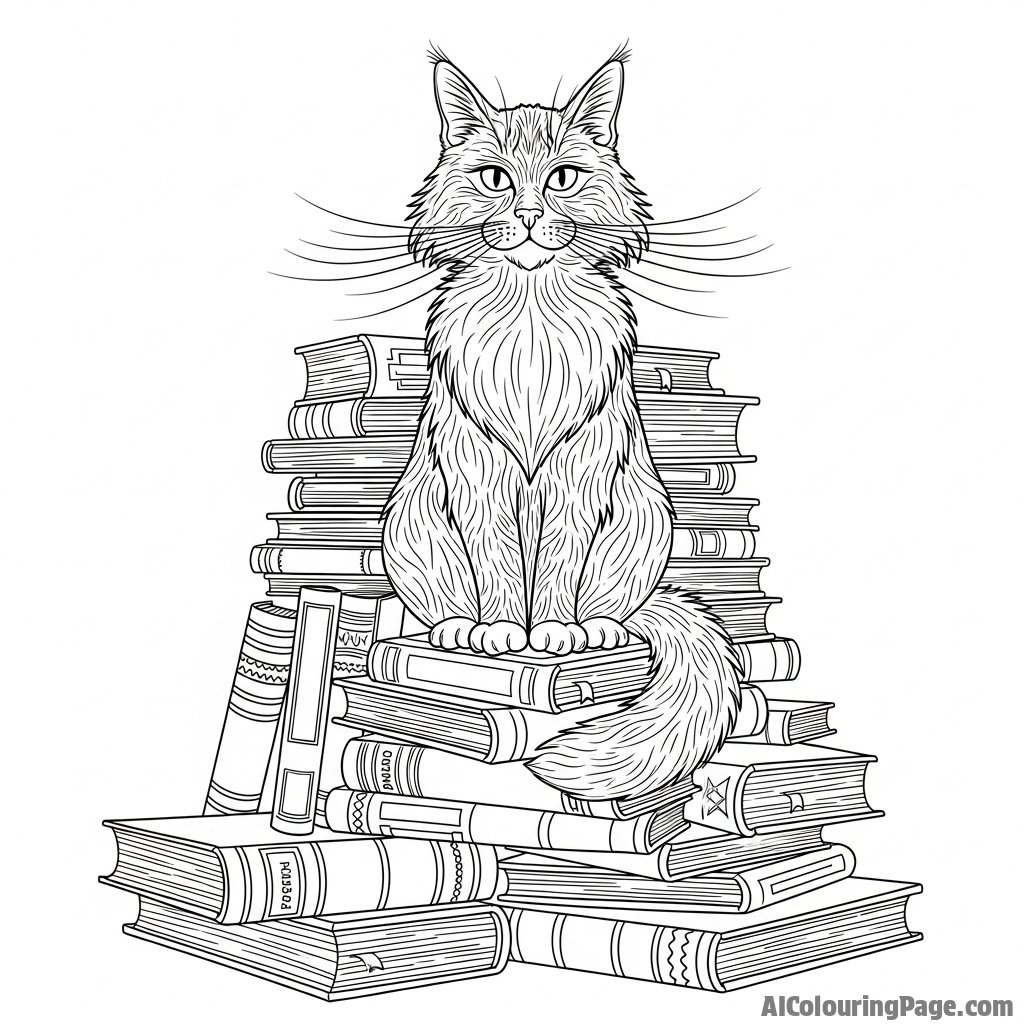 A wise-looking old cat with long whiskers, sitting on a pile of antique books.