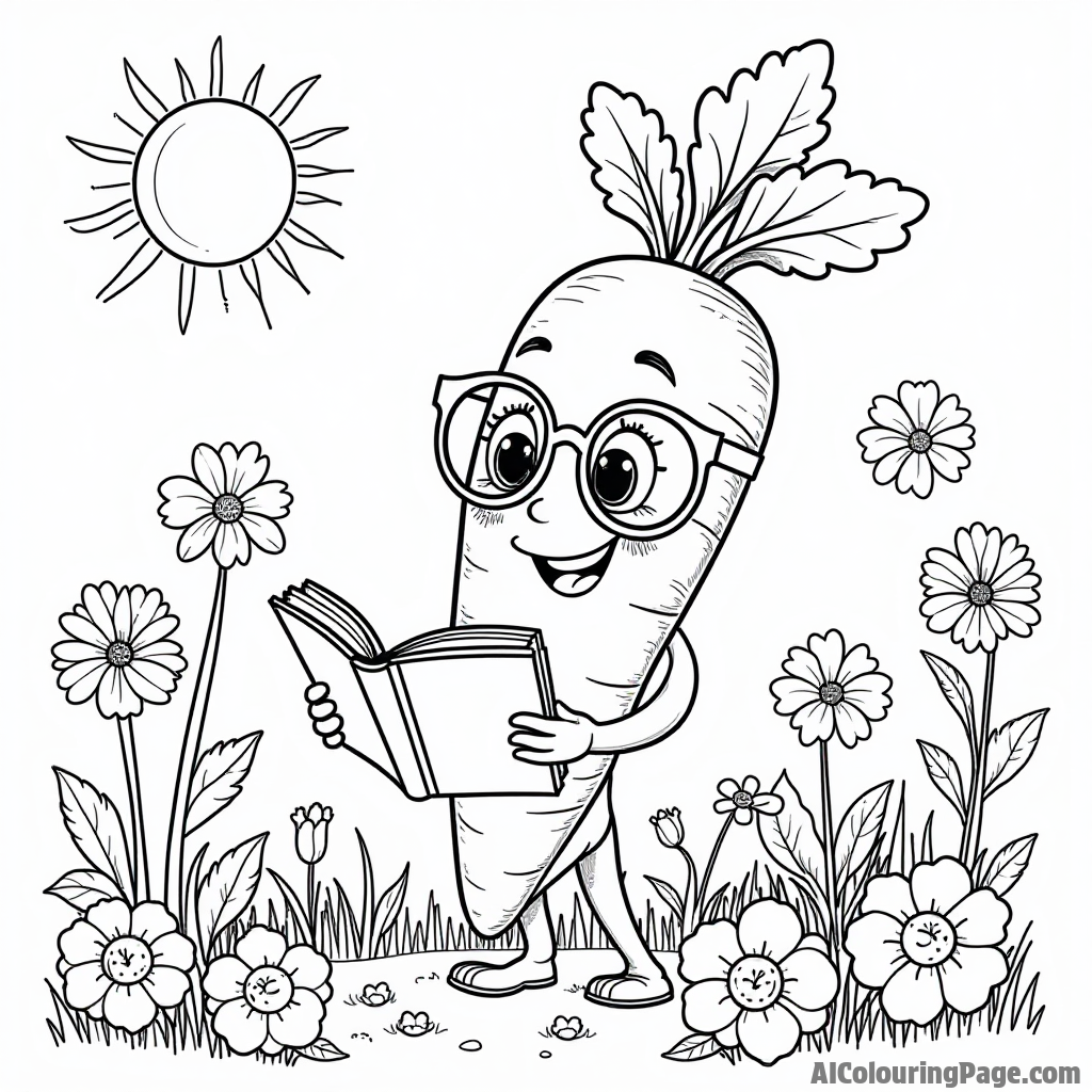 A cheerful carrot wearing glasses reading a book in a garden surrounded by colorful flowers under a bright sun.