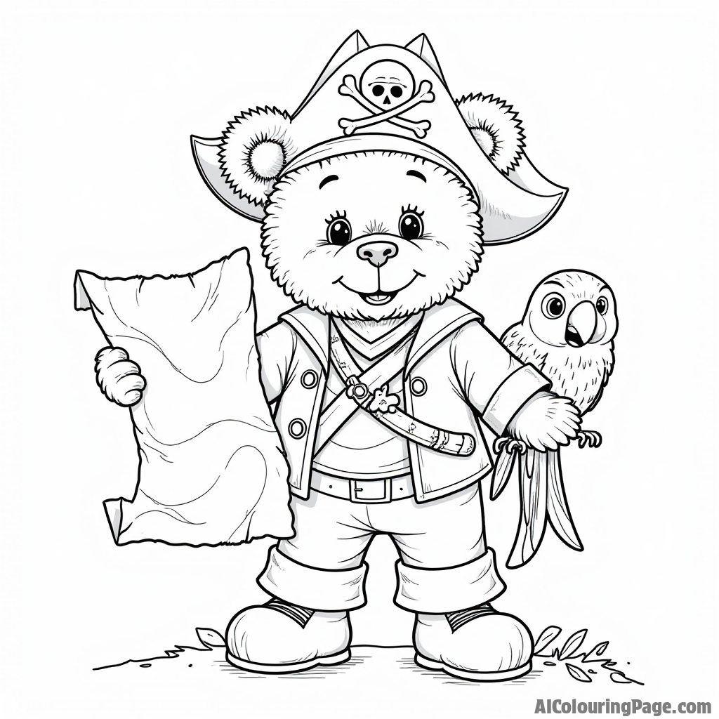 A teddy bear in a pirate outfit on a treasure hunt, with a map and a friendly parrot, inspiring children to embark on a creative coloring journey.