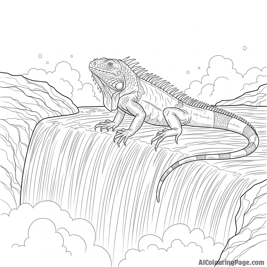 An iguana poised at the edge of a waterfall, mist rising around it.