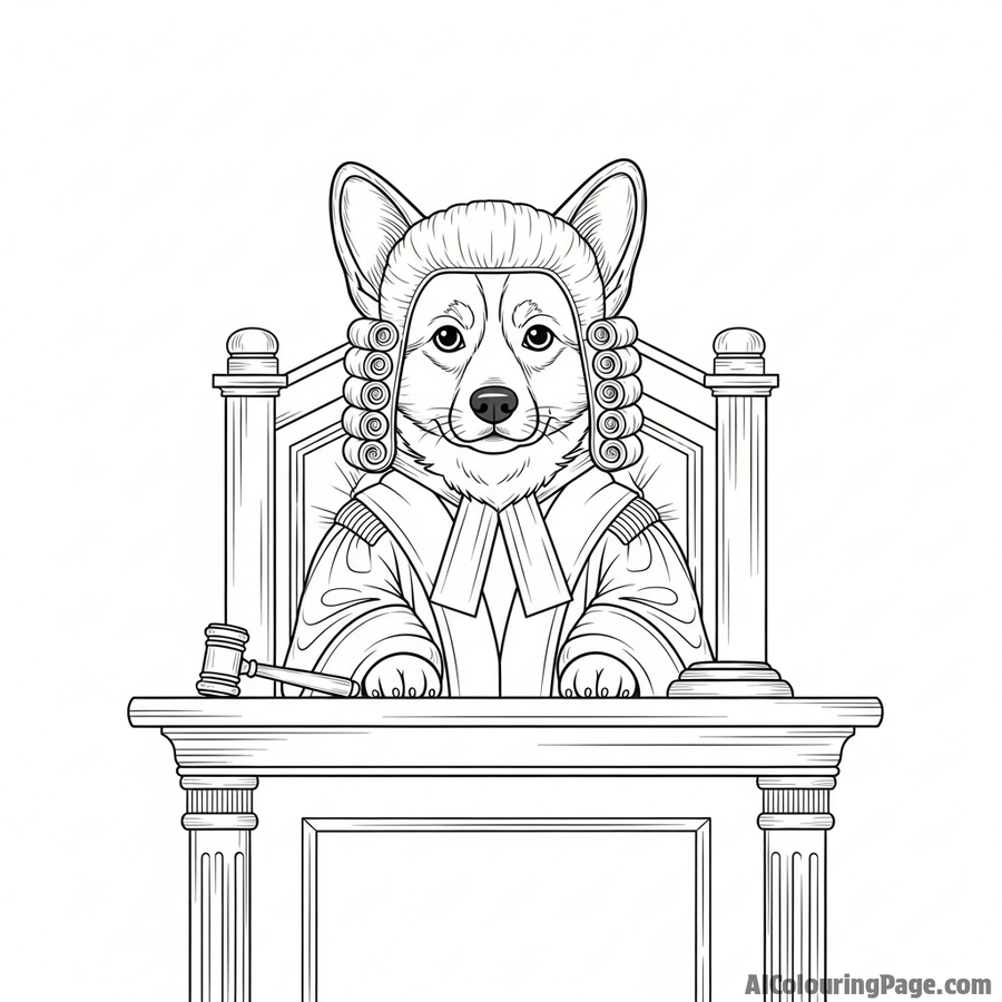 A corgi judge in robes and a wig, sitting behind a grand bench.