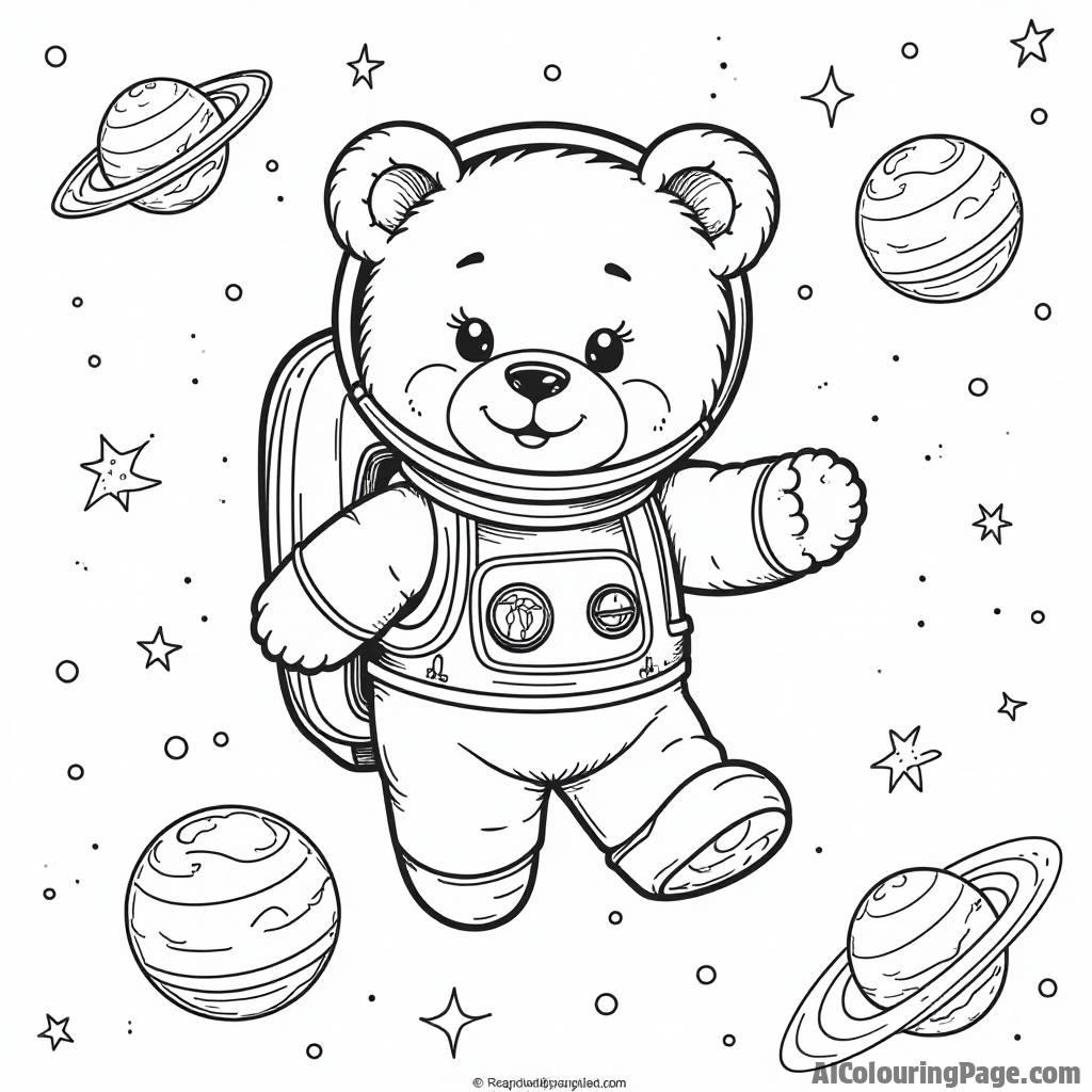 A teddy bear dressed as an astronaut floating in space, with planets and stars, inviting children to explore their imagination while coloring this cosmic adventure.