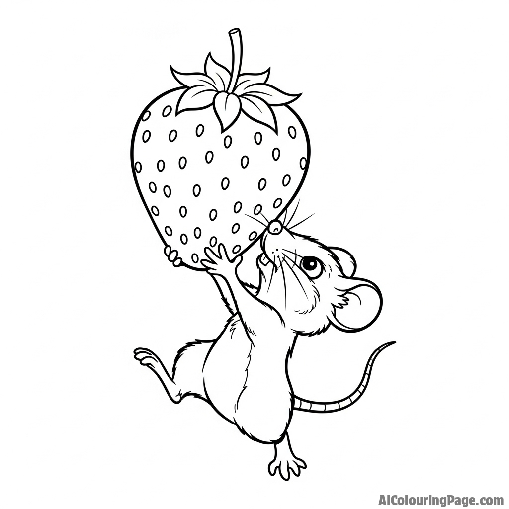 A mouse attempting to lift a single, heavy strawberry, its muscles straining.