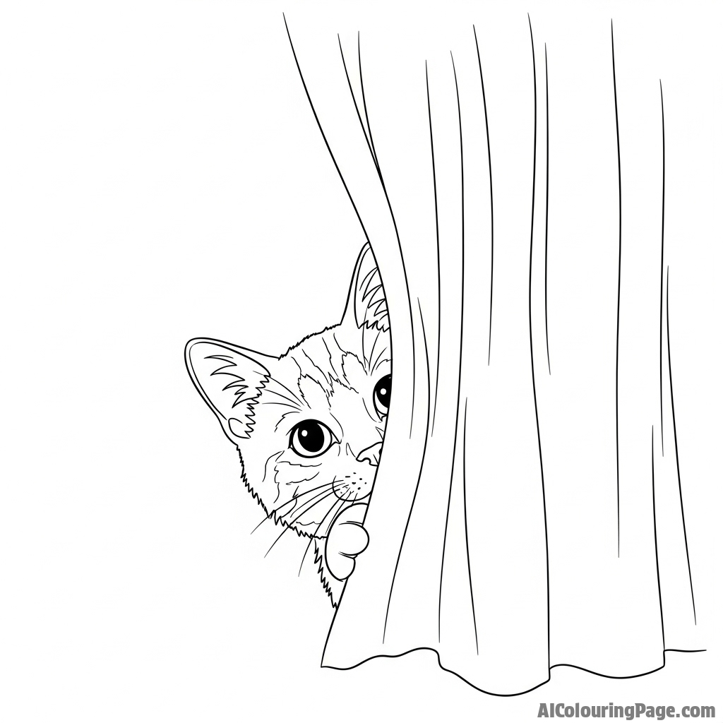 A curious cat peeking out from behind a curtain, only its eyes and ears visible.