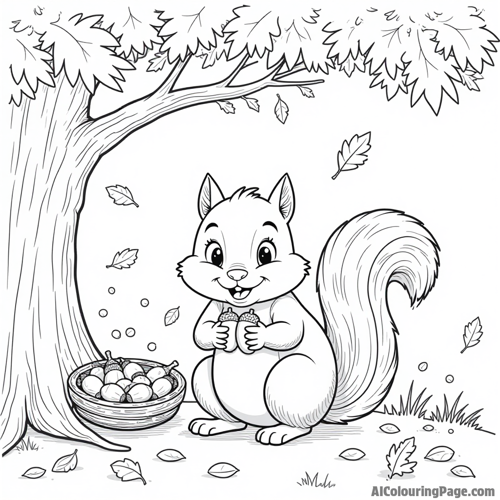 A cheerful squirrel gathering acorns under an oak tree, with falling leaves and a cozy nest in the background.