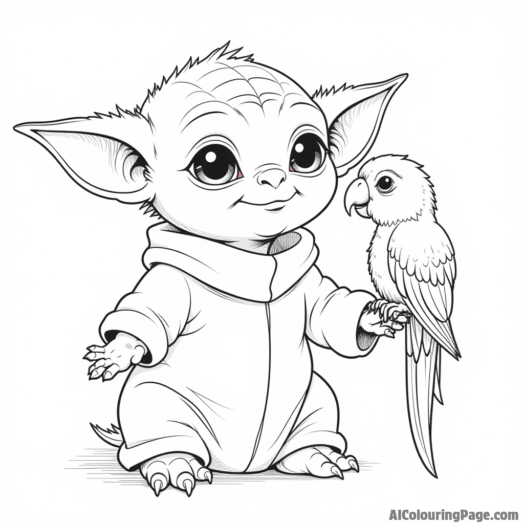 Baby Yoda making friends with a colorful parrot perched on his shoulder