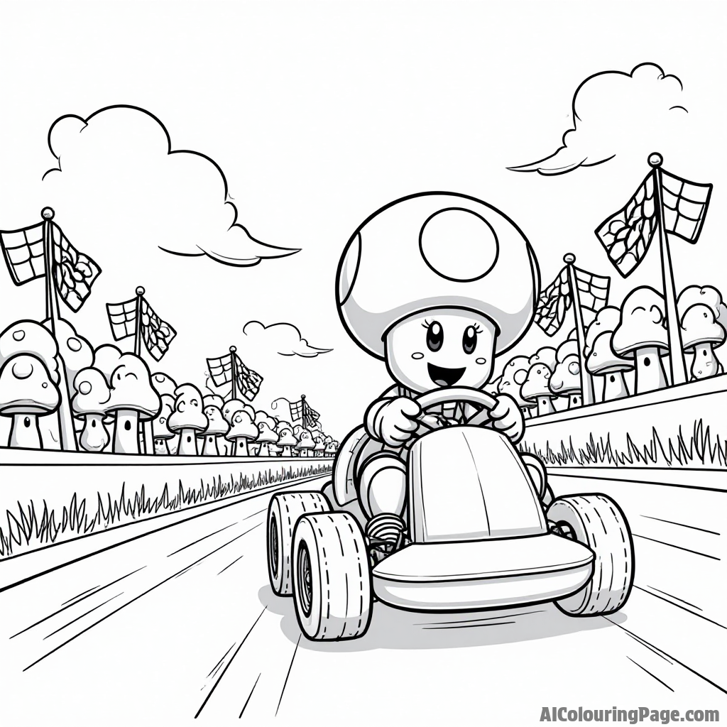 Toad riding a Kart on a racetrack with colorful checkered flags and a cheering crowd of mushrooms.