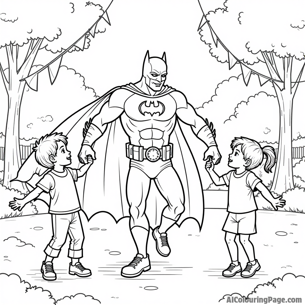 Batman dancing joyfully with children in a park during a fun outdoor festival with music and colorful decorations.