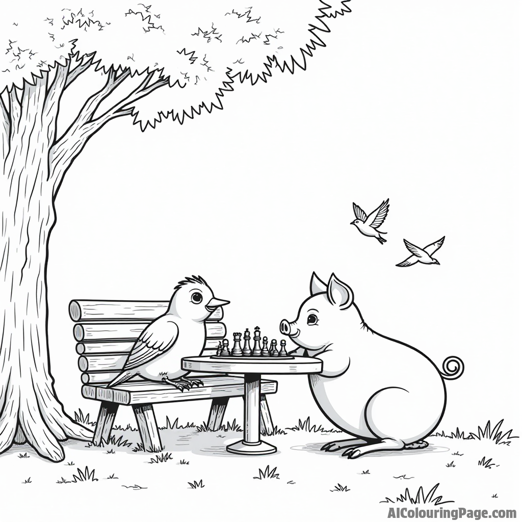 A bird and a pig playing chess on a park bench under a tree with birds singing around them