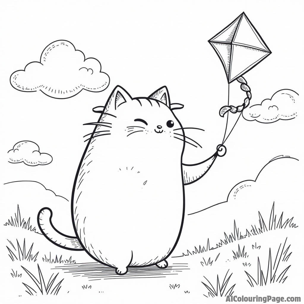 Pusheen flying a kite on a windy day with fluffy clouds and a sunny sky, enjoying the outdoor fun