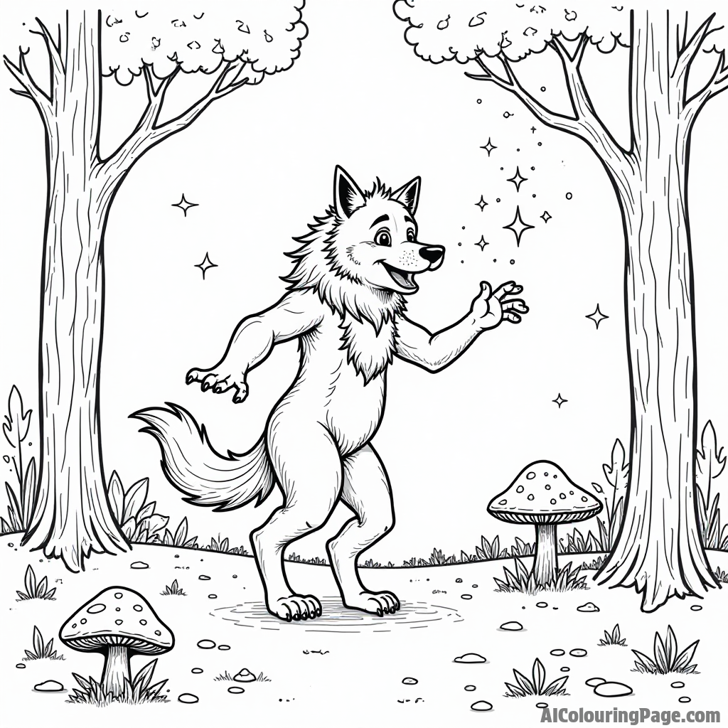 A playful werewolf dancing with fairy lights in a forest filled with whimsical trees and glowing mushrooms.