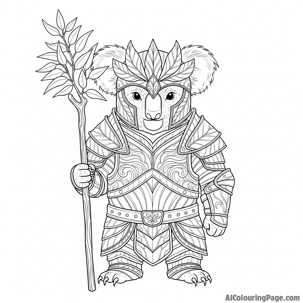 A koala as a fantasy warrior in ornate armor, holding a eucalyptus staff.