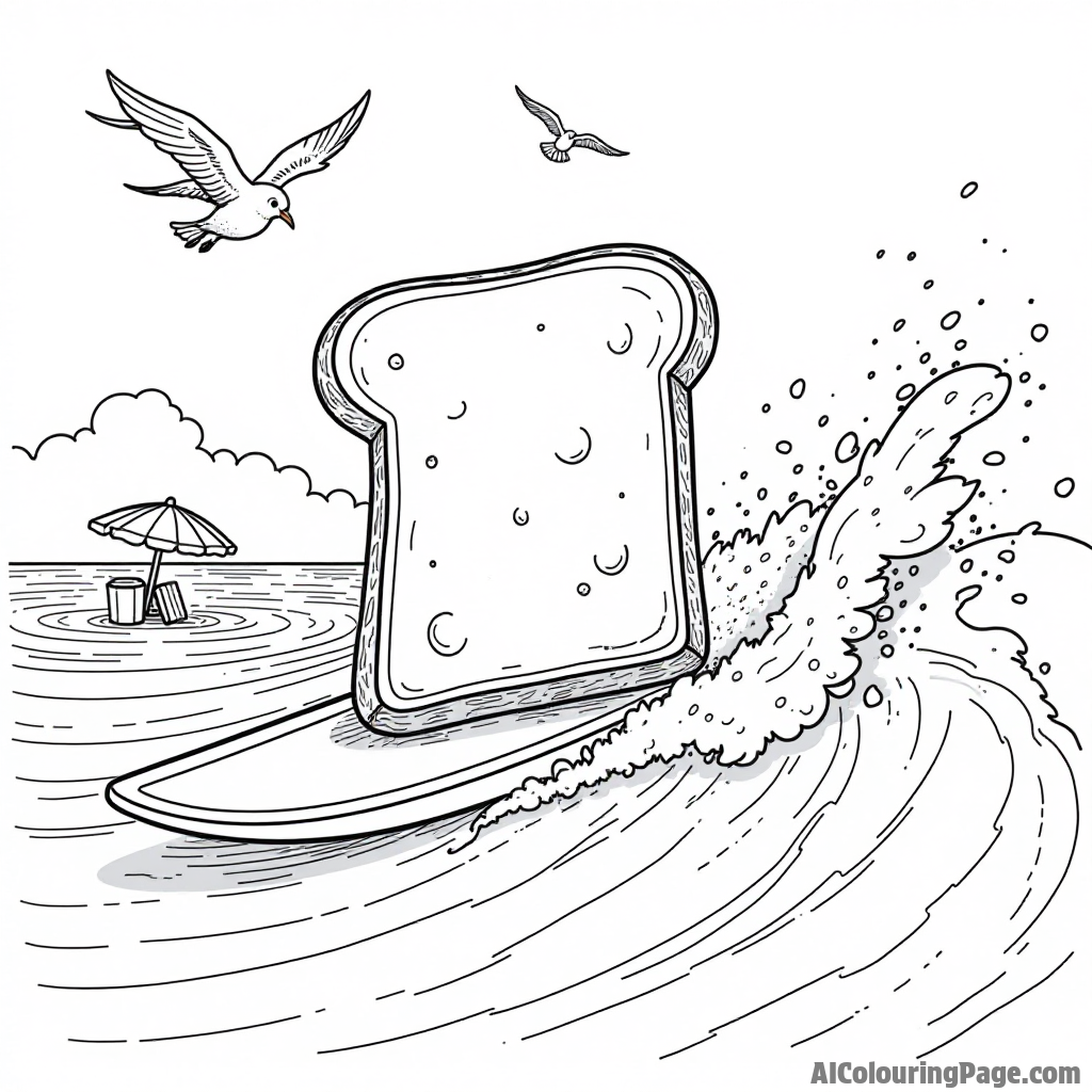 A cartoon bread slice surfing on a wave made of butter, with seagulls flying overhead and beach umbrellas in sight.