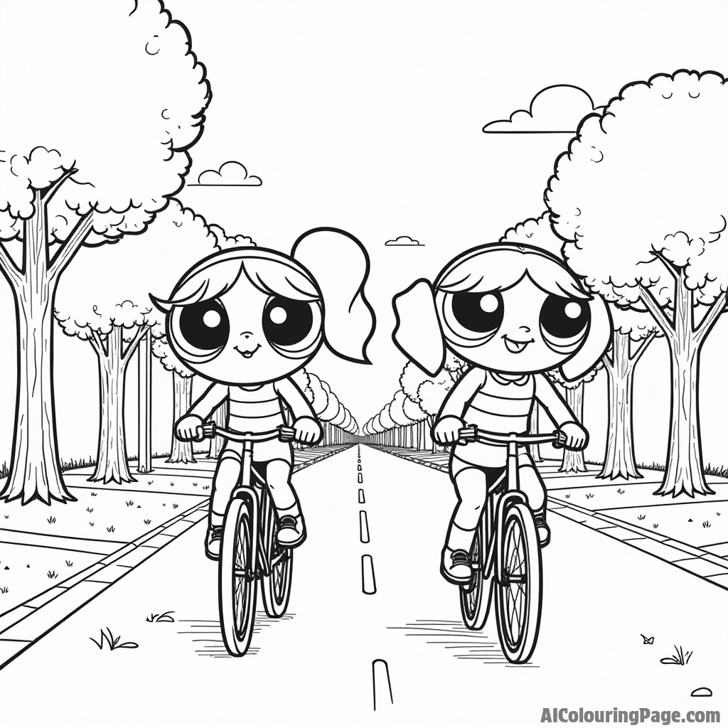 The Powerpuff Girls riding bicycles through Townsville, enjoying the breeze, with trees lining the streets and smiles on their faces