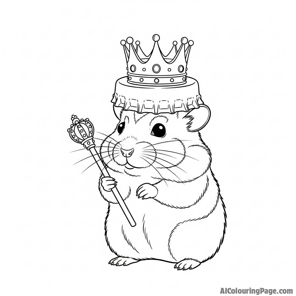 A hamster as a tiny king wearing a crown made from a bottle cap