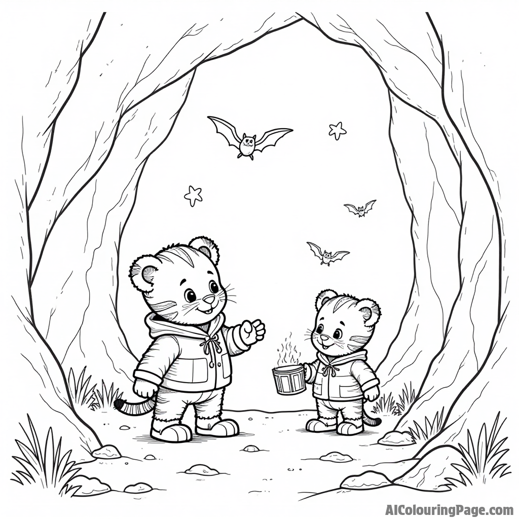 Daniel Tiger and his friends exploring a magical cave with glowing crystals, bats, and treasure waiting to be discovered.