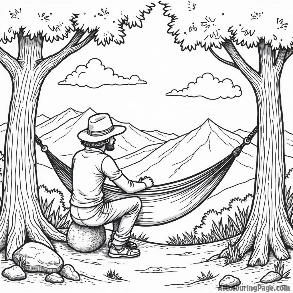 An explorer setting up a hammock between two trees on a mountain overlook, with beautiful scenery in the distance and clouds drifting lazily by, ready for coloring adventures.