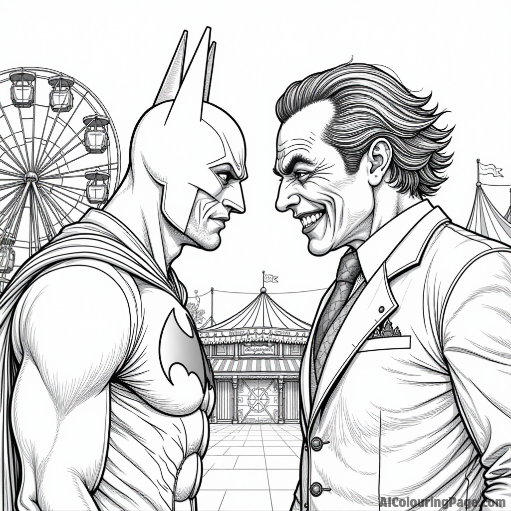 Batman and the Joker face off in an epic showdown at a carnival with a Ferris wheel and colorful tents.