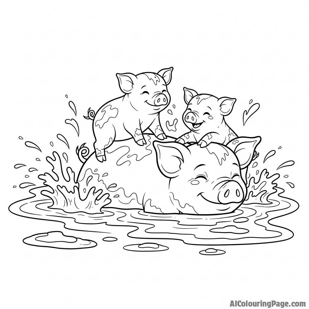 A family of pigs wallowing happily in a muddy puddle, dynamic splashes.