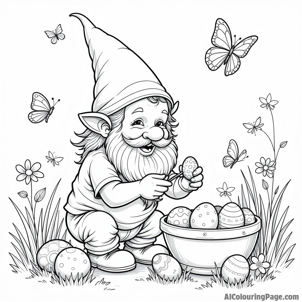 A gnome painting colorful eggs in preparation for a magical spring festival with flowers and butterflies all around.