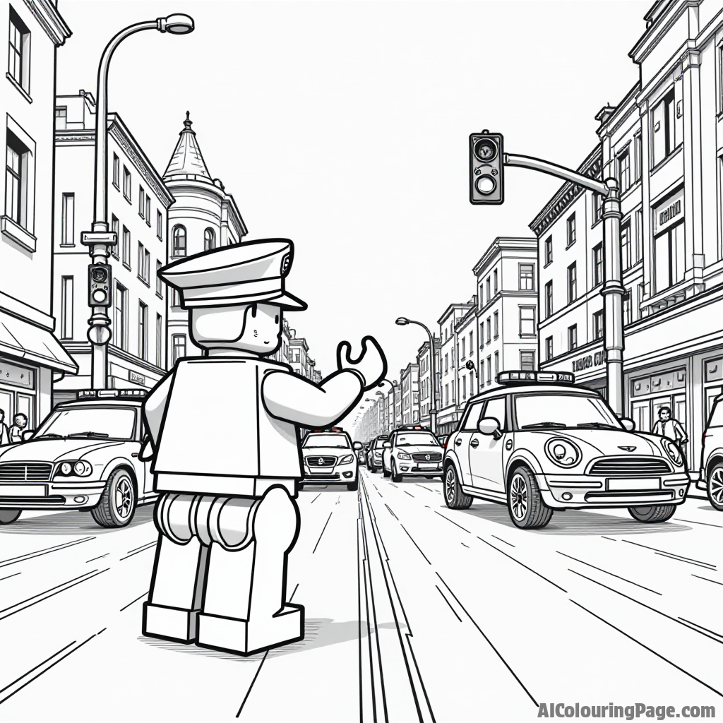 A Lego police officer directing traffic at a busy intersection with Lego cars and pedestrians, ideal for children to unleash their creativity through coloring.