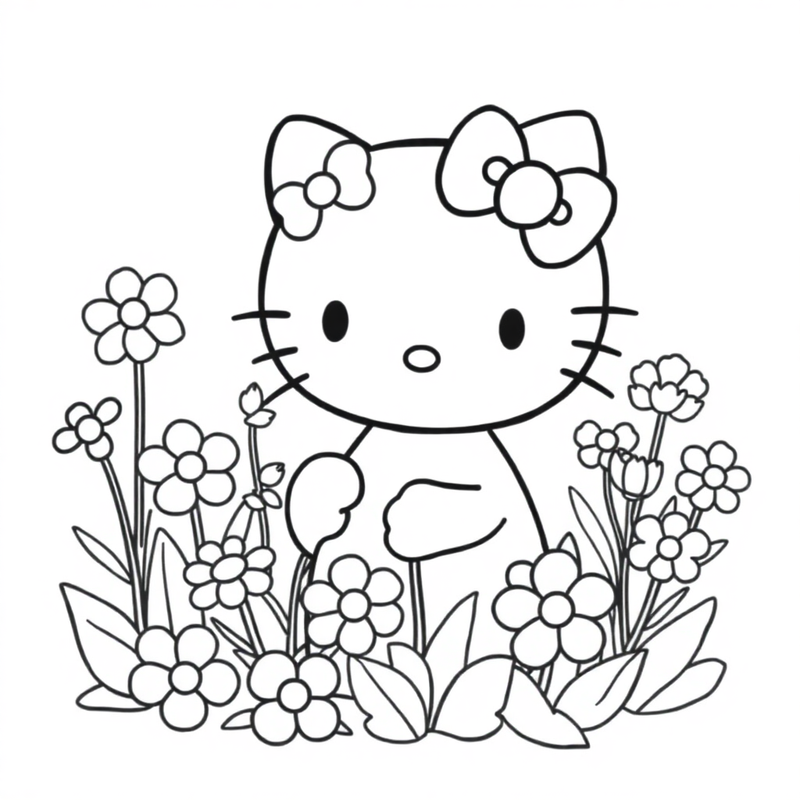 Hello Kitty in a flower garden