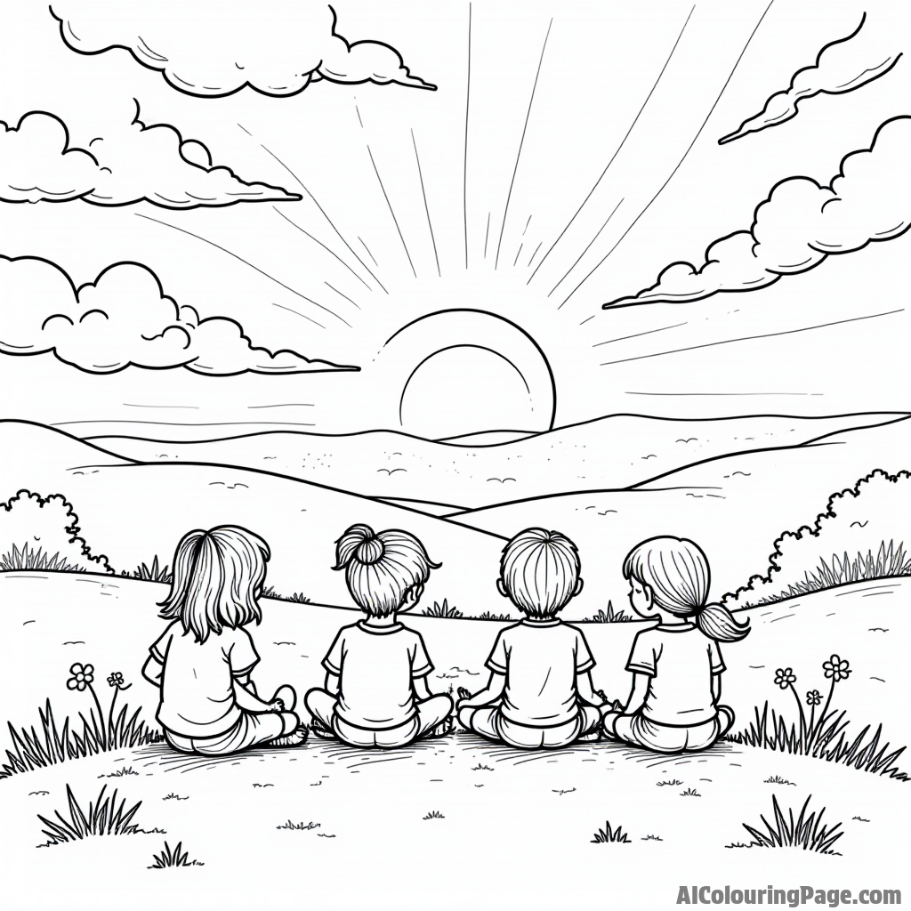 A beautiful sunset scene where children gather on a hilltop, watching the sky change colors with their favorite snacks