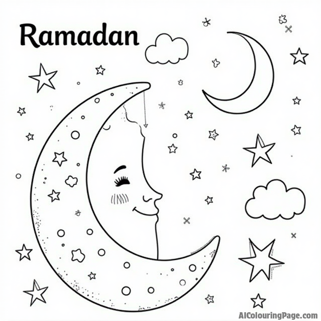 A crescent moon with a smiling face, surrounded by playful stars and fluffy clouds, making a whimsical and friendly Ramadan night scene for kids to color. Festivals and Traditions Coloring Sheets.