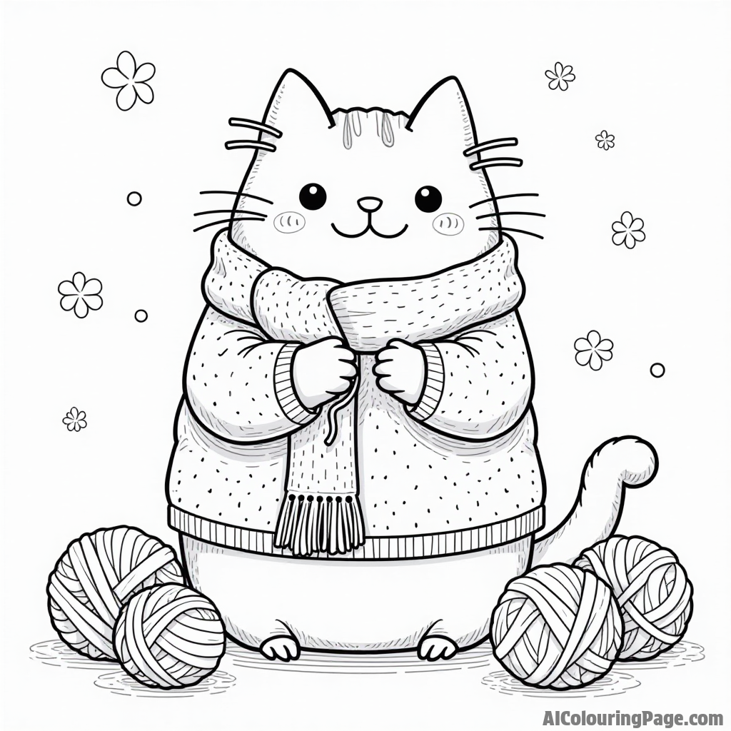 Pusheen in a cozy sweater knitting a scarf with colorful yarn balls scattered around creating a warm atmosphere