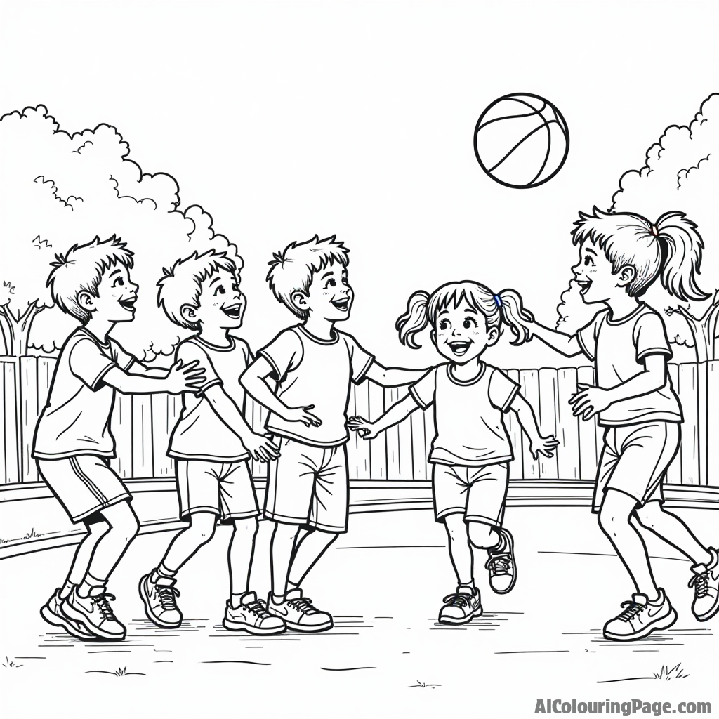 A group of diverse children playing basketball together, passing the ball and laughing, with a playground visible in the background, perfect for a lively coloring page.