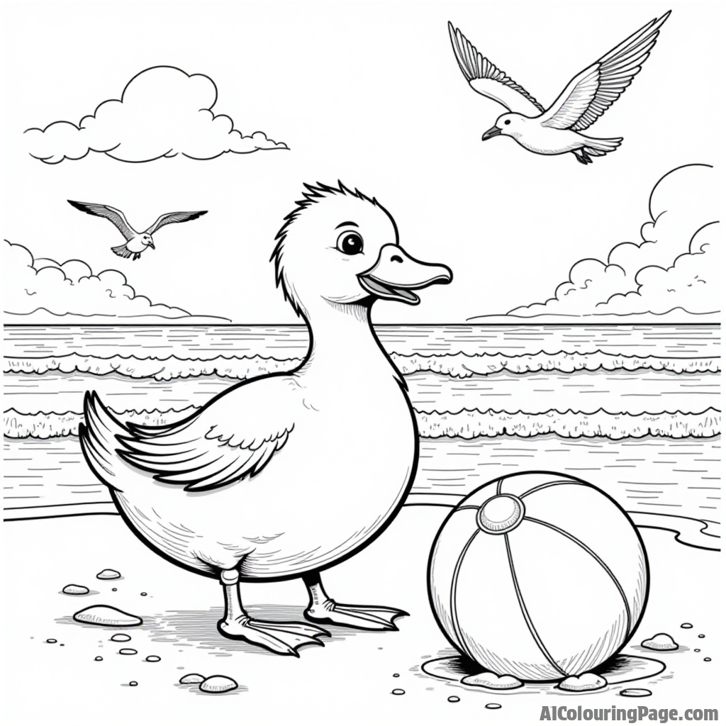 A duck playing with a beach ball on the shore while seagulls fly overhead and waves crash gently.