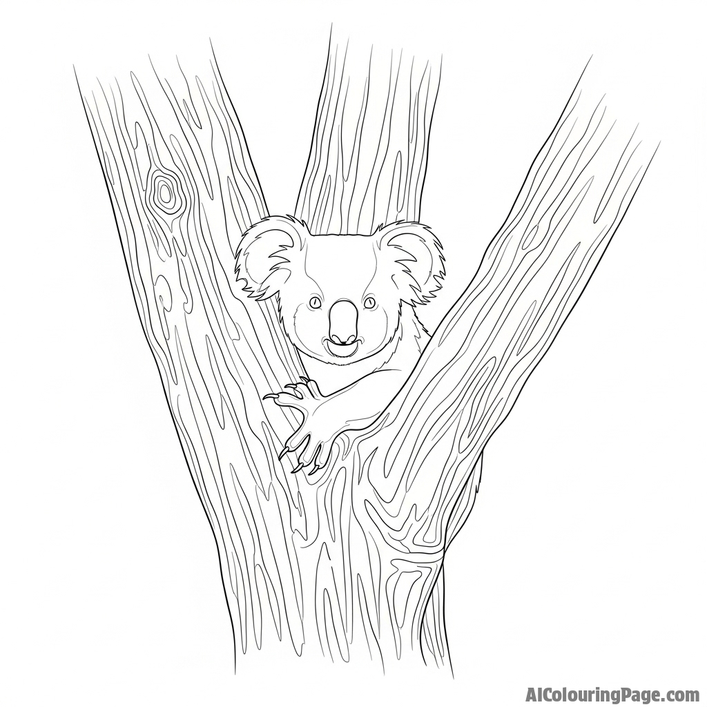 A koala's form emerging from the gnarled bark of a eucalyptus tree.