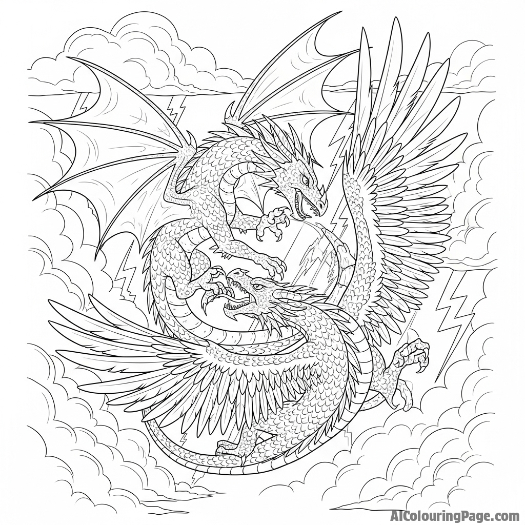 Two dragons engaged in a fierce aerial dogfight amidst towering storm clouds.