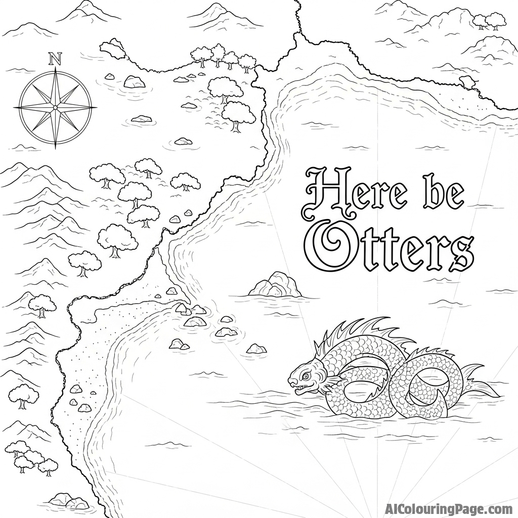 An old-fashioned map of a coastline with the annotation "Here be Otters".