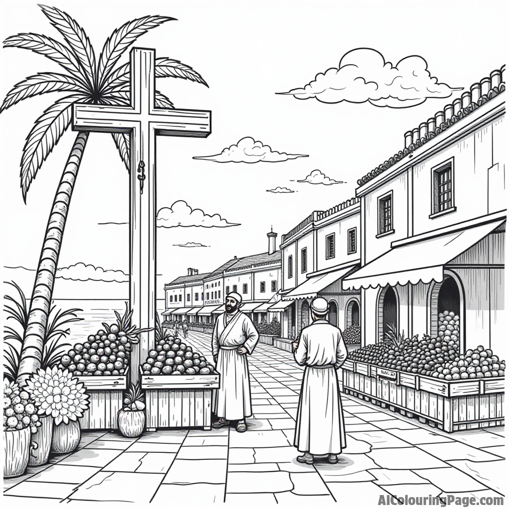 A historical scene of a cross at a market, with merchants selling fruits and vibrant flowers for an engaging coloring page.