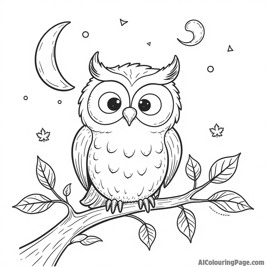 A friendly owl perched on a branch, surrounded by swirling leaves and a crescent moon in the cool autumn night sky.