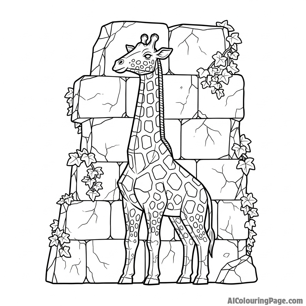 A stone carving of a giraffe on the wall of an ancient, forgotten temple.