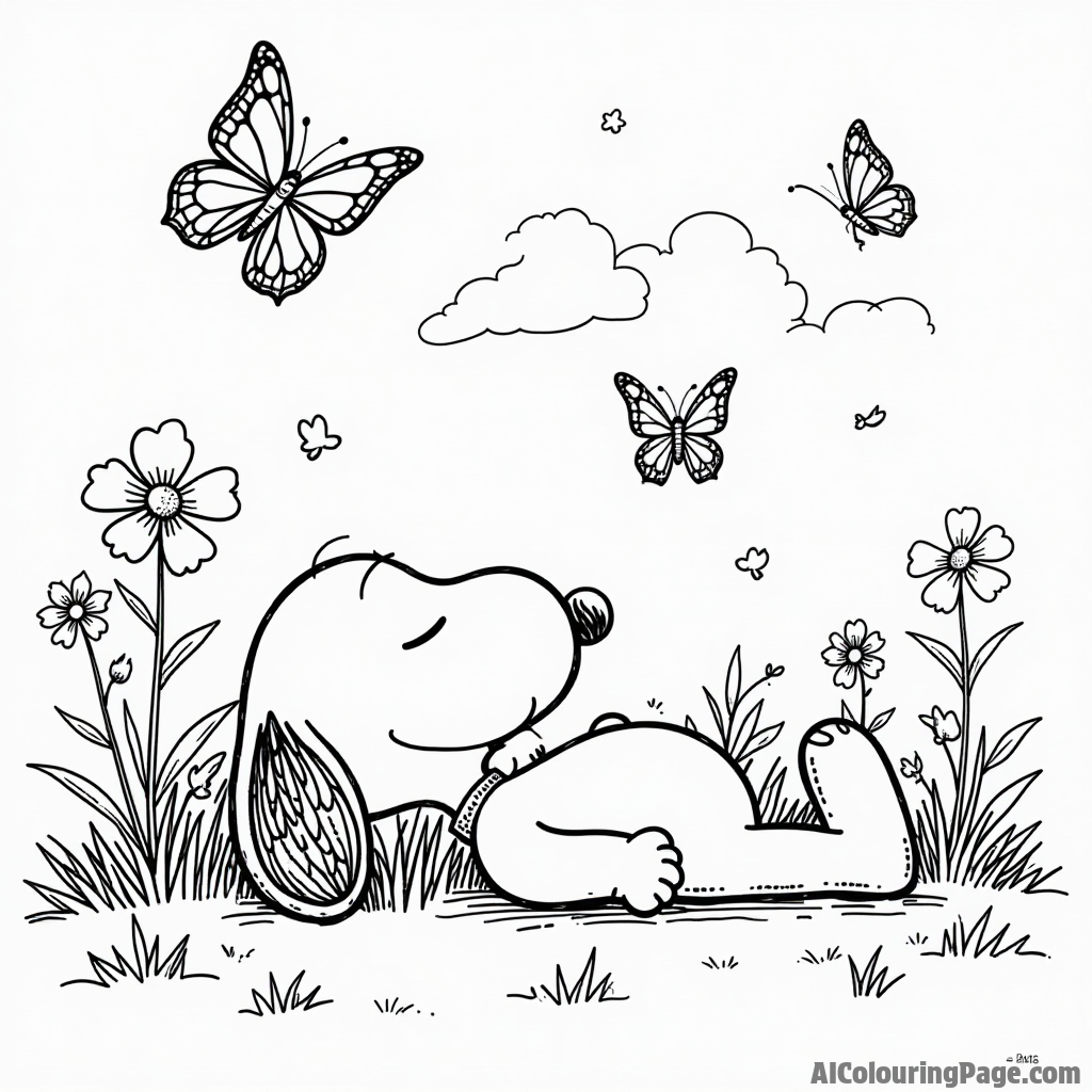 Snoopy taking a nap on a sunny day with butterflies fluttering around him and flowers blooming nearby