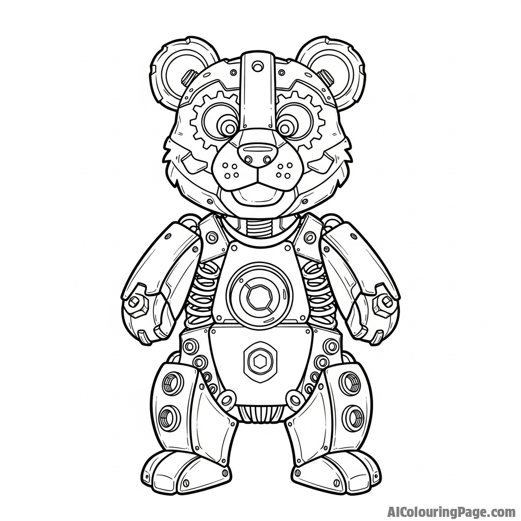 A bear constructed from recycled machine parts and scrap metal.
