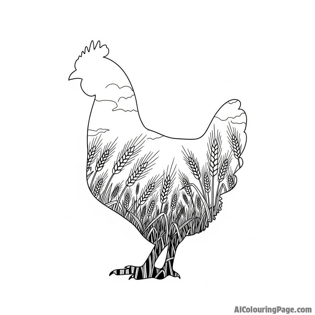 A double-exposure photograph combining a chicken's silhouette with a field of wheat.