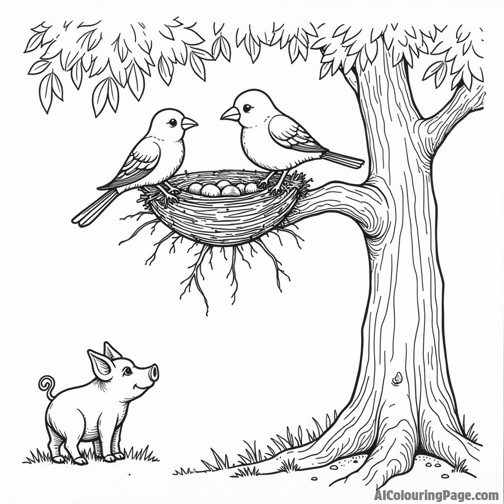 Two birds building a nest in a tree while a curious pig watches from below with a puzzled expression