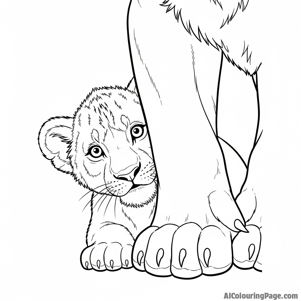 A small lion cub peeking out shyly from behind its mother's leg.