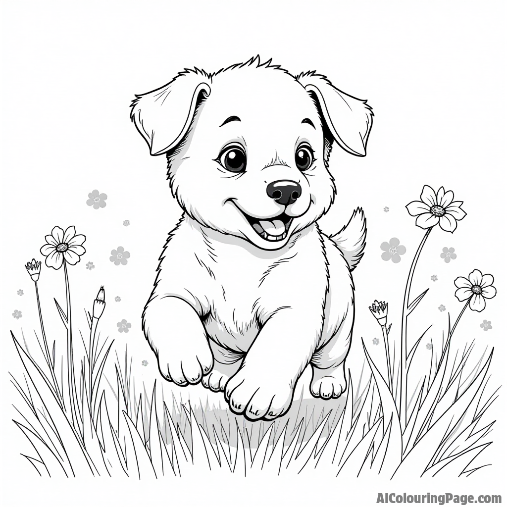 A playful puppy frolicking in a field of flowers while children chase after it with laughter and joy