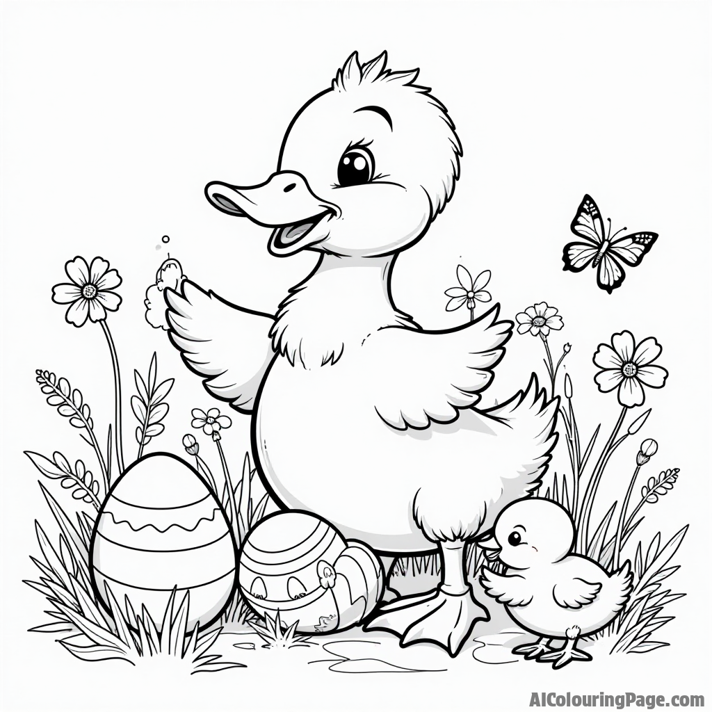 A duck painting colorful eggs for Easter surrounded by flowers and little chicks hopping around excitedly.