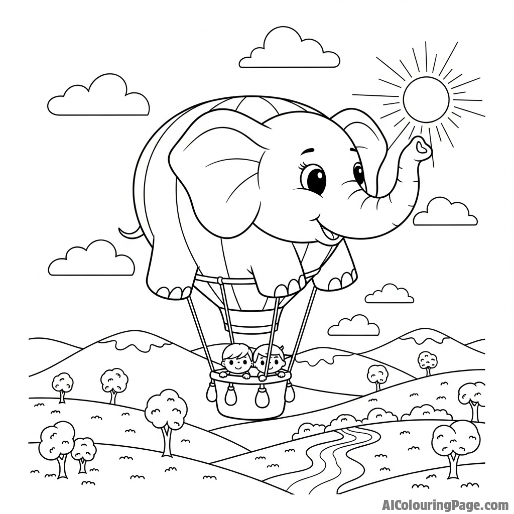 An elephant-shaped hot air balloon floating over a landscape.